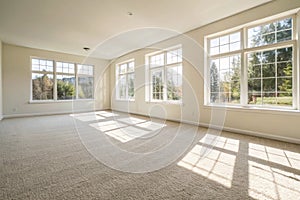 Bright empty room with carpet and windows