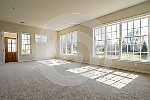 Bright empty room with carpet and windows