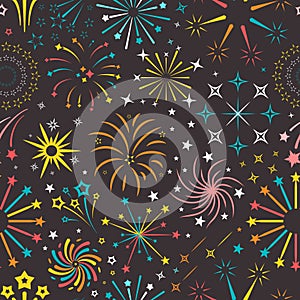 Bright explosions fireworks seamless pattern. Yellow flares on dark sky with blue stars joyful green party festive