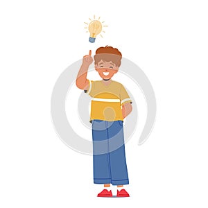 Bright-eyed Boy, With A Beaming Light Bulb Above His Head, Symbolizing Creativity And Inspiration, Vector Illustration