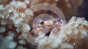 Bright-eyed crab amidst delicate soft coral branches photo