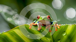 Bright-eyed Red-eyed Tree Frog Perching on a Lush Green Leaf, Nature's Vibrant Colors on Display with Water Droplets