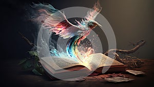 Bright fairy bird with blue, pink wings flying away from old opened book pages.A symbol of magic, mystique. Red, brown tree roots