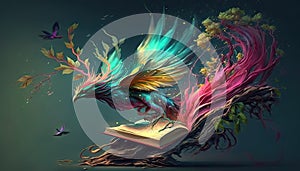 Bright fairy bird with blue wings flying away from opened book pages.A symbol of magic, mystique. Red, brown tree roots and green