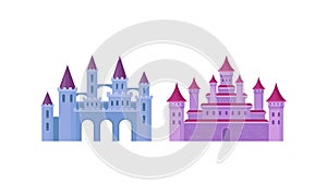 Bright Fairy Castles as Fortified Middle Age Stone Structure Vector Set