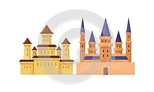 Bright Fairy Castles as Fortified Middle Age Stone Structure Vector Set