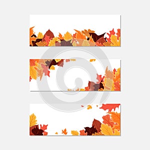 Bright fall autumn leaves set of three vector banners.