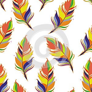 Bright feather print. White background. Summer Seamless pattern. Colorful Vector illustration