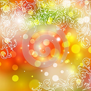 Bright festive Christmas background. Yellow with orange and green blur with bokeh effect. White contour frosty pattern