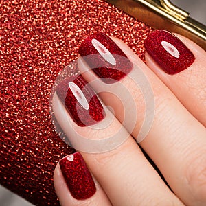 Bright festive red manicure on female hands. Nails design