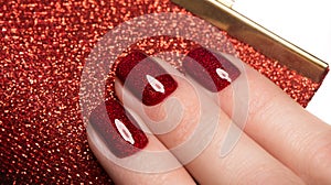 Bright festive red manicure on female hands. Nails design