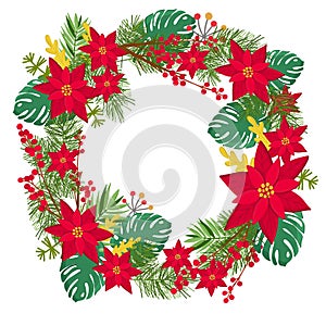 Bright festive wreath of live plants: poinsettia, green spruce, branches with berries, monstera leaves.