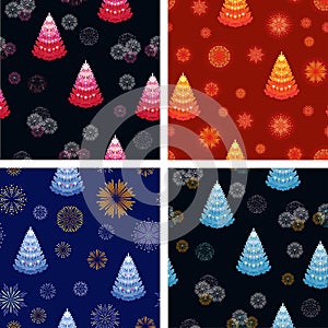 Bright fireworks and beautiful Christmas trees on dark background. Set of New Year or Christmas seamless patterns.