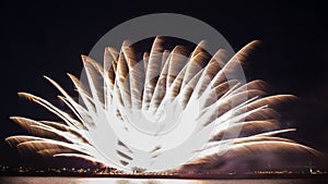 Bright fireworks burst in the blue sky with distant city lights and sea waater