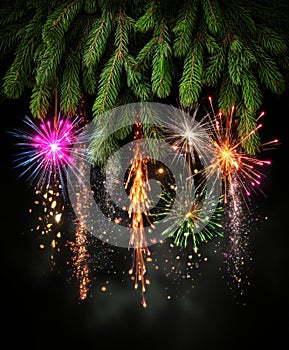 Bright fireworks exploding in the night sky above a silhouette of green pine trees.