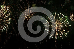 Bright fireworks with a green glowing center with green sparks and smoke, against the background of the night sky