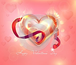 Bright flaming heart on a gentle pink background for Valentine\'s Day