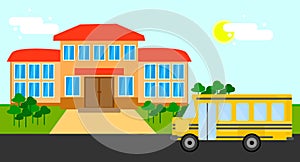 Bright flat illustration of school building, school bus and yard with trees for back to school banner or poster design.