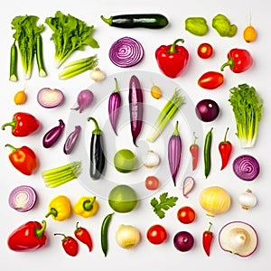 Bright flat lay of the vegetables. Fresh organic veggies and greenery on white backdrop. Top view. Generative AI