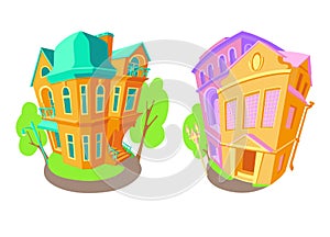 Bright flat vector volume icons of old houses in Victorian style and Baroque. Next street lights trees. House