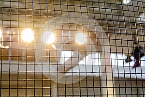 Bright floodlights attached to a steel frame. Horizontal view of