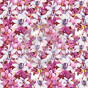 Bright floral pattern - colorful orchid flowers. Seamless template. Aquarelle background.