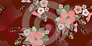 Bright floral pattern for fabric design. Decorative flower hibiscus in pink tones on a red-brown background with pink dots