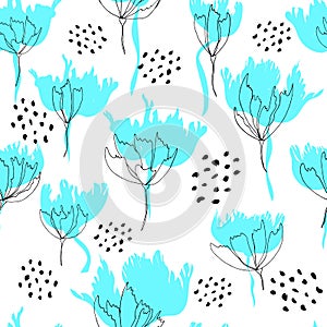 Bright floral pattern. Seamless background. Hand drawn modern illustration of large flower heads on solid color. Cloth, web,