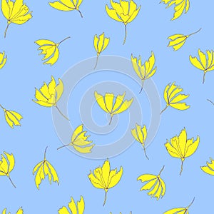 Bright floral pattern. Seamless background. Hand drawn modern illustration of large flower heads on solid color. Cloth, web,