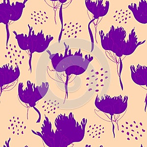 Bright floral pattern. Seamless background. Hand drawn modern illustration of large flower heads on solid color. Cloth, web,