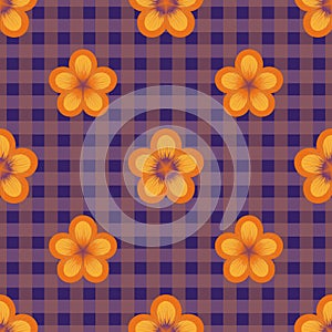 Bright floral seamless pattern. Repeat geometric botanical pattern with staggered flowers on gingham background.