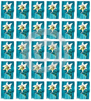 Bright floral seamless pattern of white lilies on blue background watercolor