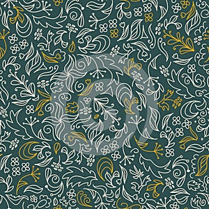 Bright floral summer seamless doodle pattern. In trendy earthy tones. Field herbs and flowers on a dark background. For