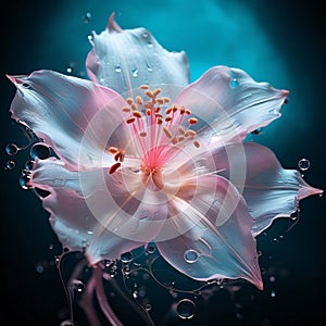 Bright flower, drops of water, rain on a dark background. Flowering flowers, a symbol of spring, new life