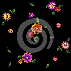 Bright flower embroidery colorful seamless pattern. Fashion decoration stitched texture template. Ethnic traditional