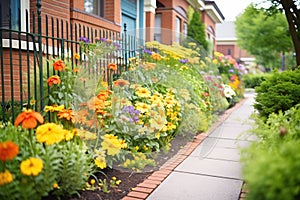 bright flowerbeds flanking a brick walkway