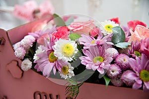 Bright flowers bouquet background. Beautiful close-up of a flower arrangement photo