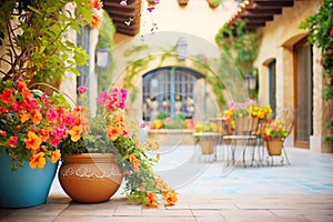 bright flowers lining a mediterraneanstyle courtyard