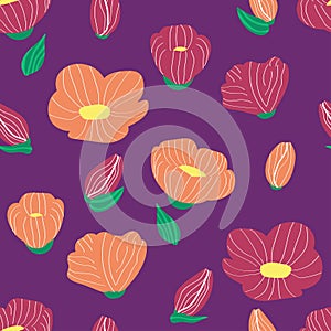 Bright flowers pattern  on a purple background