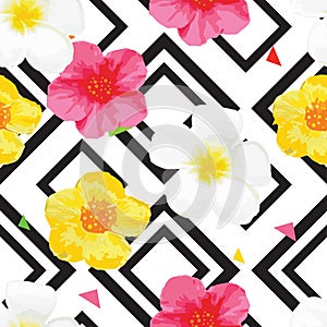 Bright Flowers Seamless Pattern with Geometric Ornament. Black Stripes. Vector Illustration