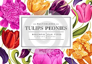 Bright flowers of tulips and peonies in a template for cards, wedding invitations,