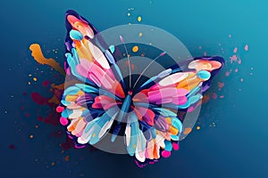 Bright flying butterfly on a blue background. Splashes of water and paint