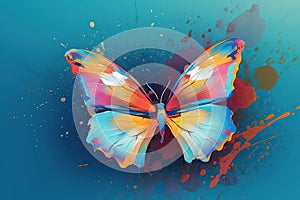 Bright flying butterfly on a blue background. Splashes of water and paint