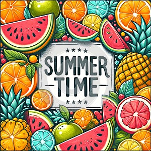 Bright frame background hand drawn text Summer Time with watermelon slices.