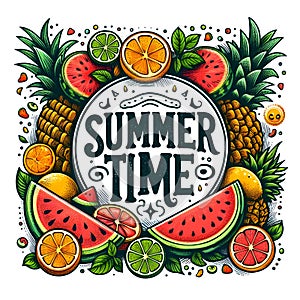 Bright frame background hand drawn text Summer Time with watermelon slices.