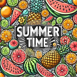 Bright frame background hand drawn text Summer Time with watermelon slices.