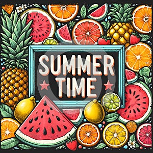 Bright frame background hand drawn text Summer Time with watermelon slices.