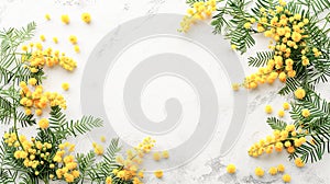 Bright and fresh arrangement of yellow mimosa flowers in a creative frame on a white background, mockup