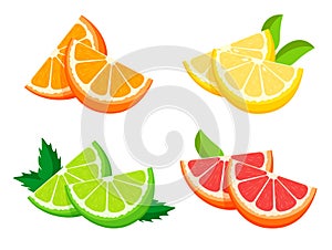 Bright fresh half of orange, lemon, lime and grapefruit isolated on white background.