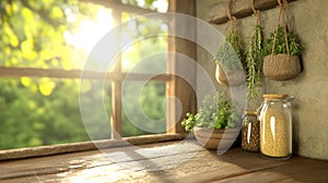 Bright and fresh kitchen corner with plants and natural sunlight filtering through the window